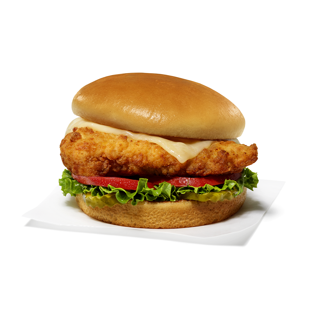 Chick-fil-A Deluxe Sandwich, with a boneless breast of chicken served on a toasted buttery bun with sliced dill pickles, green leaf lettuce, tomato, and cheddar cheese.