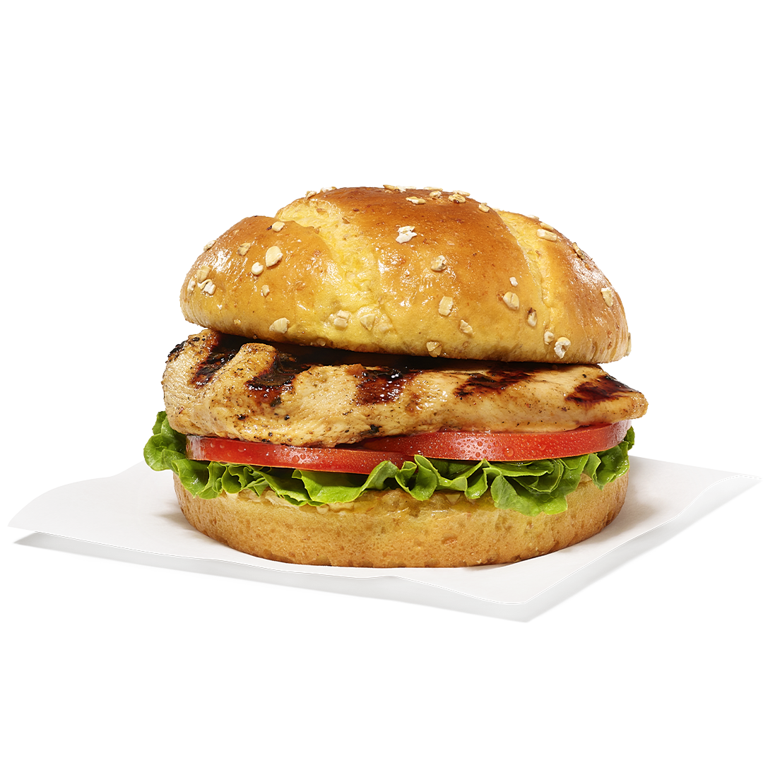Grilled Chicken Sandwich, including a lemon-herb marinated boneless breast of chicken, toasted multigrain brioche bun with green leaf lettuce, and tomato.