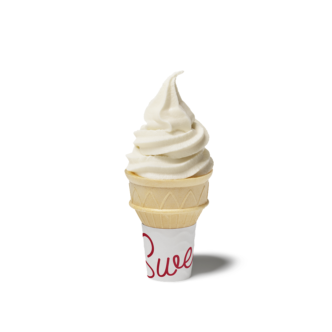 Chick-fil-A Icedream Vanilla Ice cream in a cone, with the Chick-fil-A paper wrapping 