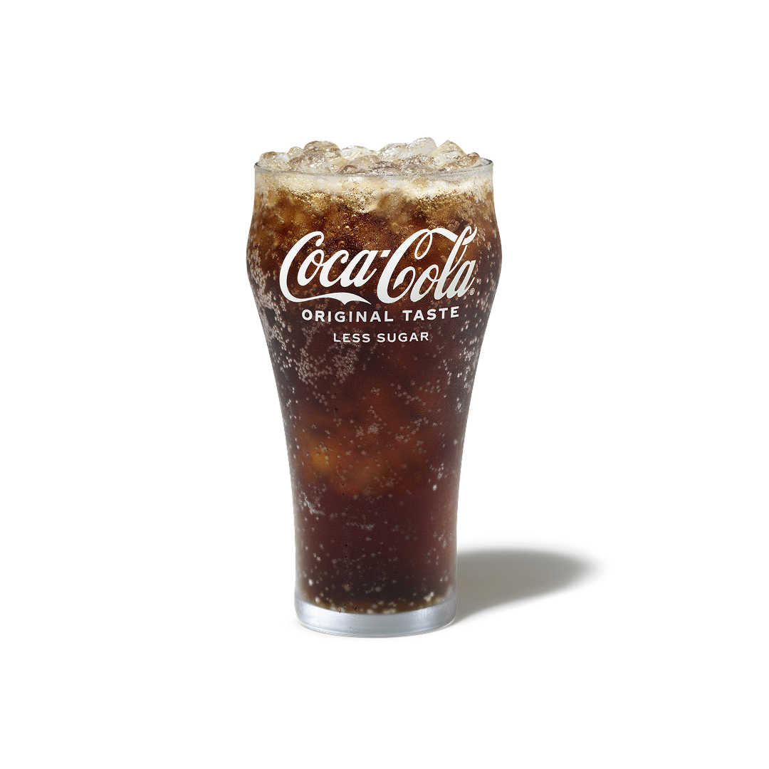 Coca-Cola Original Taste Less Sugar with ice in a cup, with NUTRIGRADE of 'C' at 8% sugar