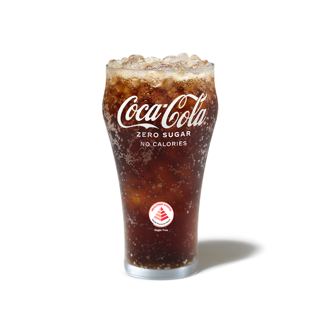 Coca-Cola Zero Sugar with ice in a cup with the healthier choice pyramid, indicating 'Sugar Free', and NUTRIGRADE mark of 'B' at 0% sugar