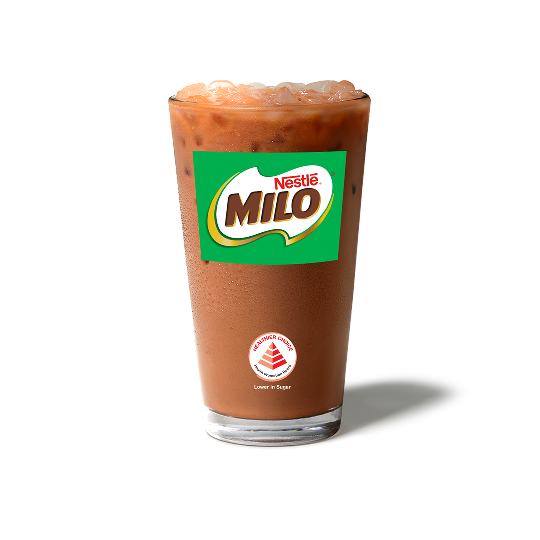 Nestle Milo with ice in a cup, displaying the healthier choice pyramid, lower in Sugar. NUTRIGRADE at 'B' with 5% sugar.