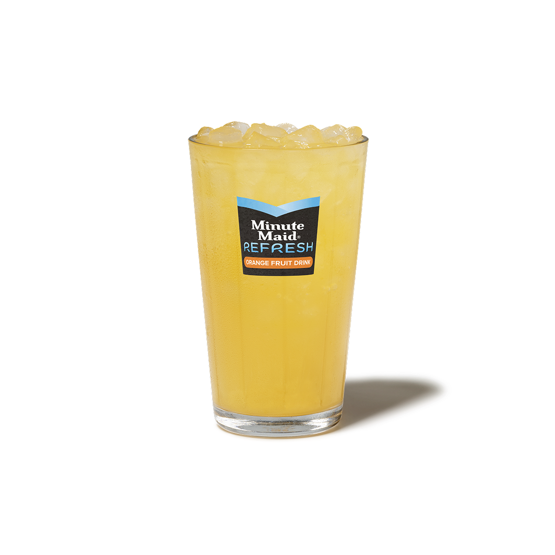 Minute Maid Refresh Orange fruit drink with ice in a cup, with NUTRIGRADE of 'C' at 7% sugar