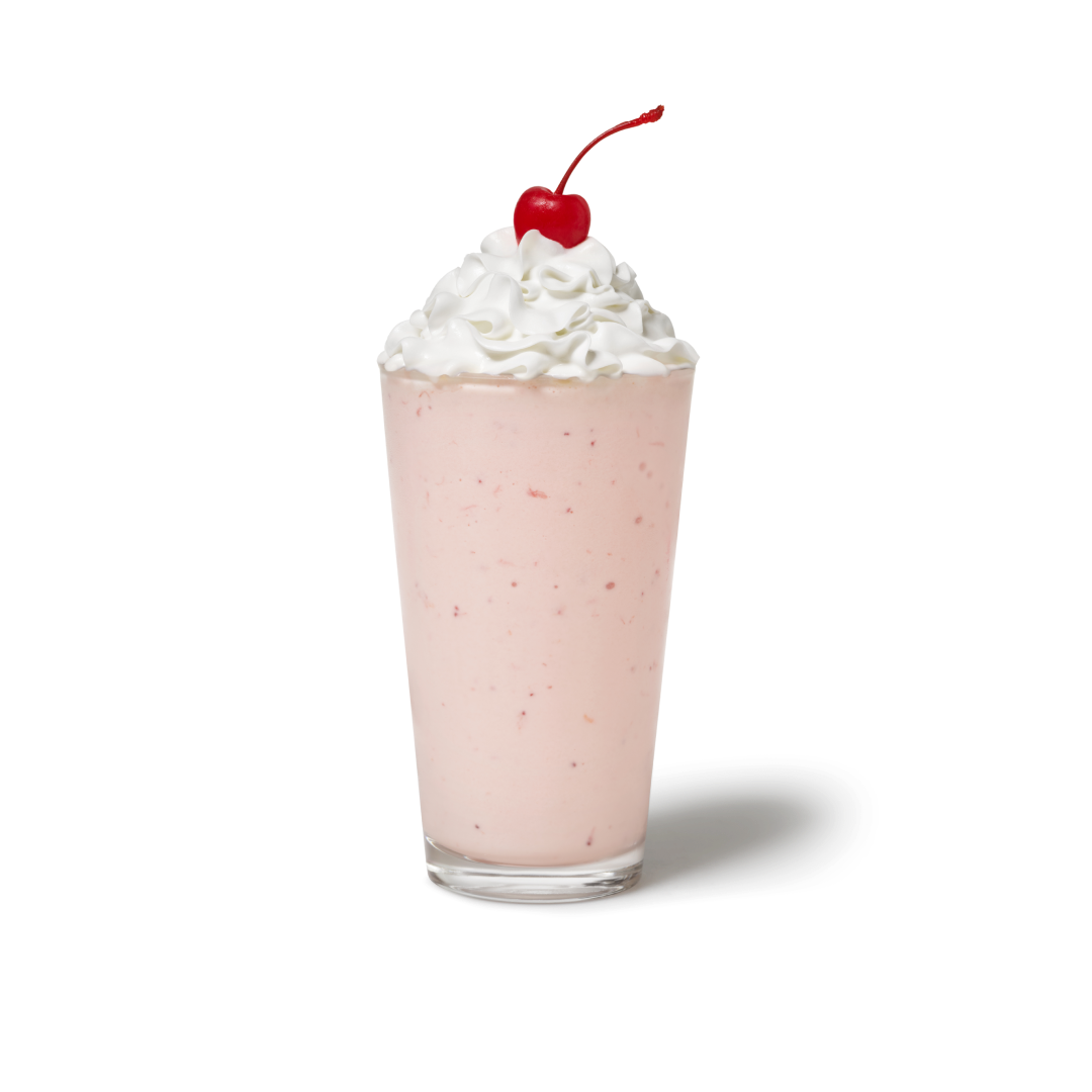 Strawberry Milkshake with whipped cream and a cherry on top in a cup, with NUTRIGRADE 'D' at 21% sugar