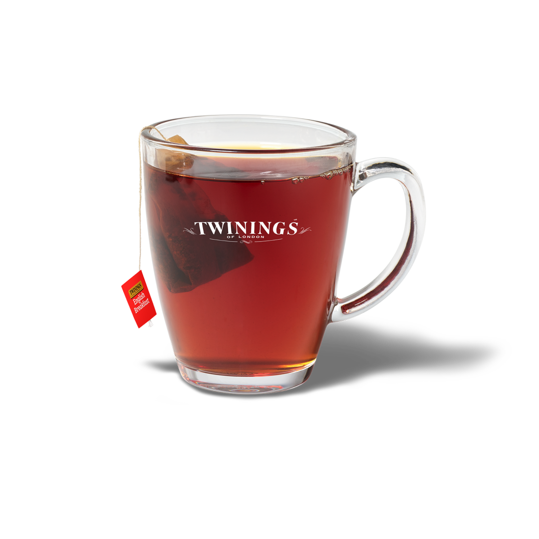 Hot Twinings English Breakfast Tea, served with a teabag in the cup. NUTRIGRADE 'A' at 0% sugar