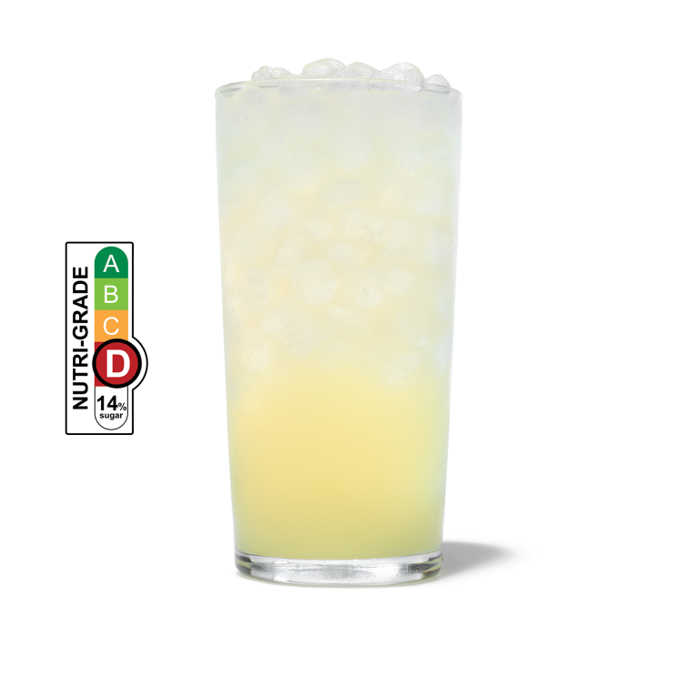 Chick-fil-A Lemonade with ice in a cup and NUTRIGRADE label with a gradient rating scale that has four sections labeled A, B, C, and D, progressing from green to red; Rating is red “D” with 14% sugar.