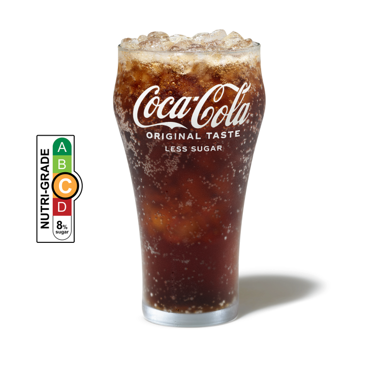 Coca-Cola Original Taste Less Sugar with ice in a cup and NUTRIGRADE label with a gradient rating scale that has four sections labeled A, B, C, and D, progressing from green to red; Rating is orange “C” with 8% sugar.
