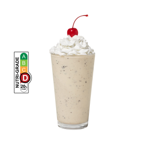 Cookies & Cream Milkshake with whipped cream and a cherry on top, and NUTRIGRADE label with a gradient rating scale that has four sections labeled A, B, C, and D, progressing from green to red; Rating is red “D” with 20% sugar.