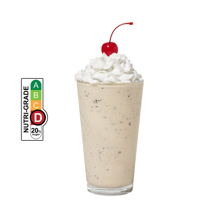 Cookies & Cream Milkshake with whipped cream and a cherry on top, and NUTRIGRADE label with a gradient rating scale that has four sections labeled A, B, C, and D, progressing from green to red; Rating is red “D” with 20% sugar.