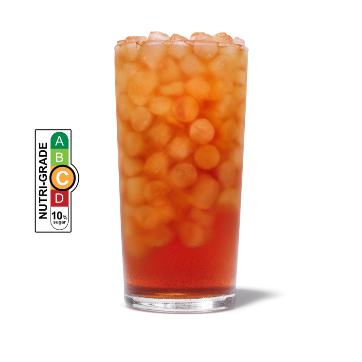 Freshly Brewed Iced Tea in a cup and NUTRIGRADE label with a gradient rating scale that has four sections labeled A, B, C, and D, progressing from green to red; Rating is orange “C” with 10% sugar.