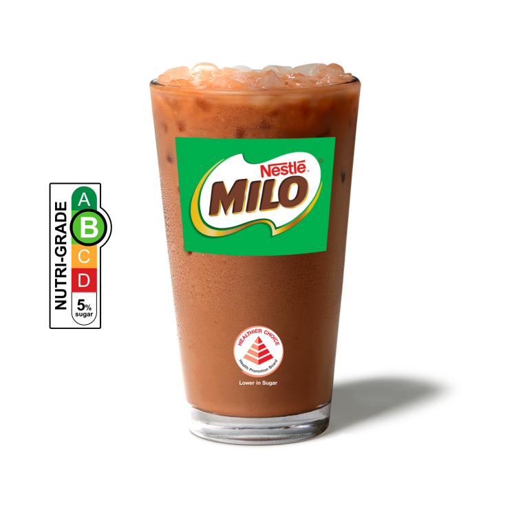 Milo with ice in a cup and NUTRIGRADE label with a gradient rating scale that has four sections labeled A, B, C, and D, progressing from green to red; Rating is light green “B” with 5% sugar.