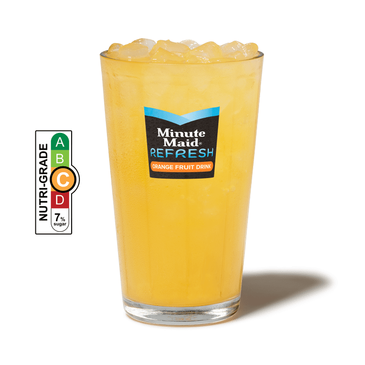 Minute Maid Refresh Orange with ice in a cup and NUTRIGRADE label with a gradient rating scale that has four sections labeled A, B, C, and D, progressing from green to red; Rating is orange “C” with 7% sugar.