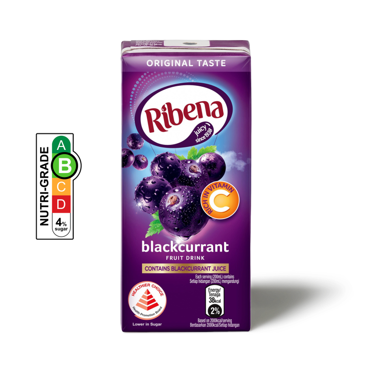 Ribena Blackcurrant Packet drink and NUTRIGRADE label with a gradient rating scale that has four sections labeled A, B, C, and D, progressing from green to red; Rating is light green “B” with 4% sugar.