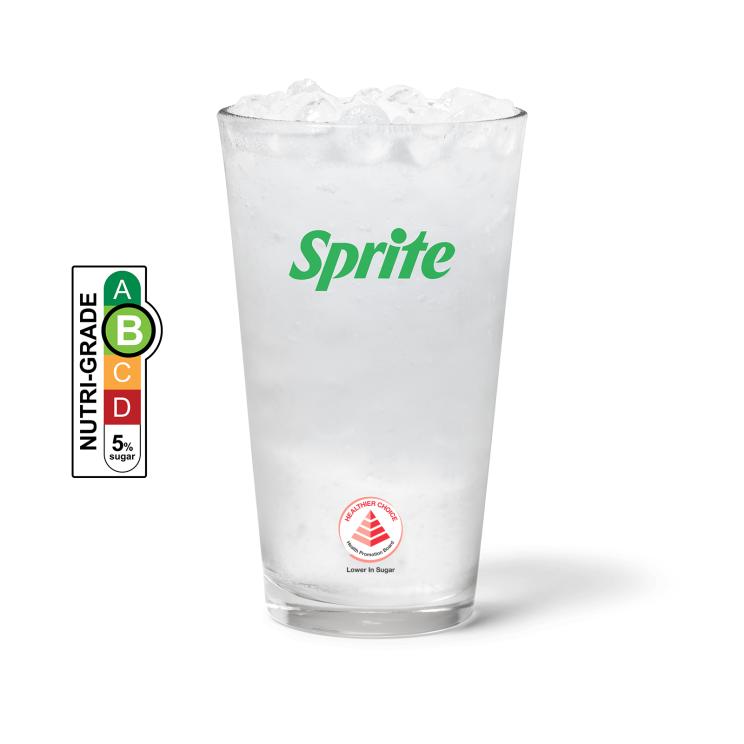 Sprite with ice in a cup and NUTRIGRADE label with a gradient rating scale that has four sections labeled A, B, C, and D, progressing from green to red; Rating is light green “B” with 5% sugar.