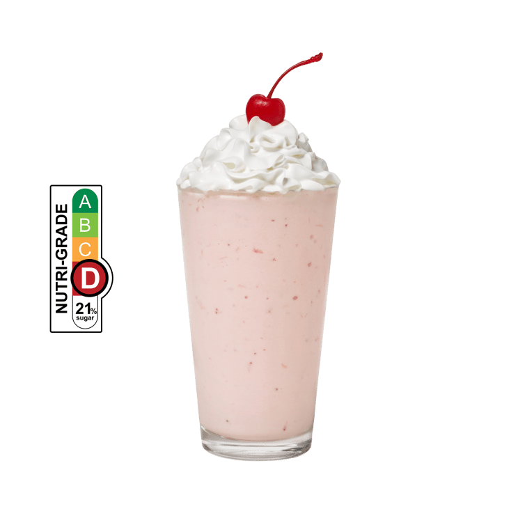 Strawverry Milkshake with whipped cream and a cherry on top, and NUTRIGRADE label with a gradient rating scale that has four sections labeled A, B, C, and D, progressing from green to red; Rating is red “D” with 21% sugar.