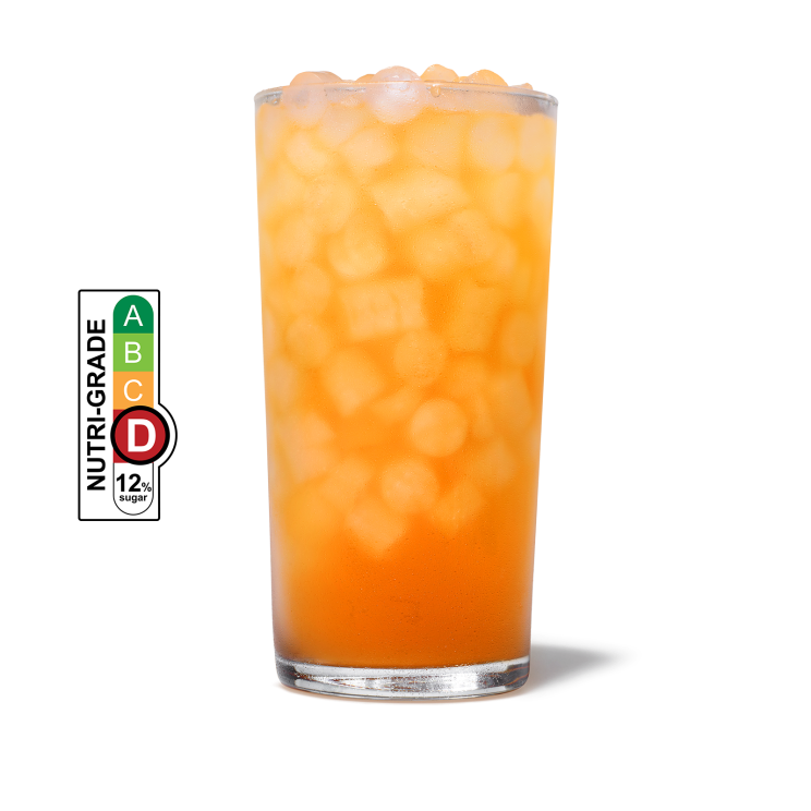 Sunjoy with ice in a cup and NUTRIGRADE label with a gradient rating scale that has four sections labeled A, B, C, and D, progressing from green to red; Rating is red “D” with 12% sugar.