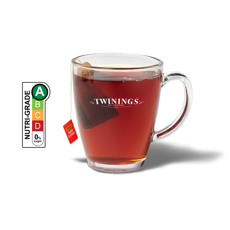 Twinings Hot Tea and NUTRIGRADE label with a gradient rating scale that has four sections labeled A, B, C, and D, progressing from green to red; Rating is light green “A” with 0% sugar.