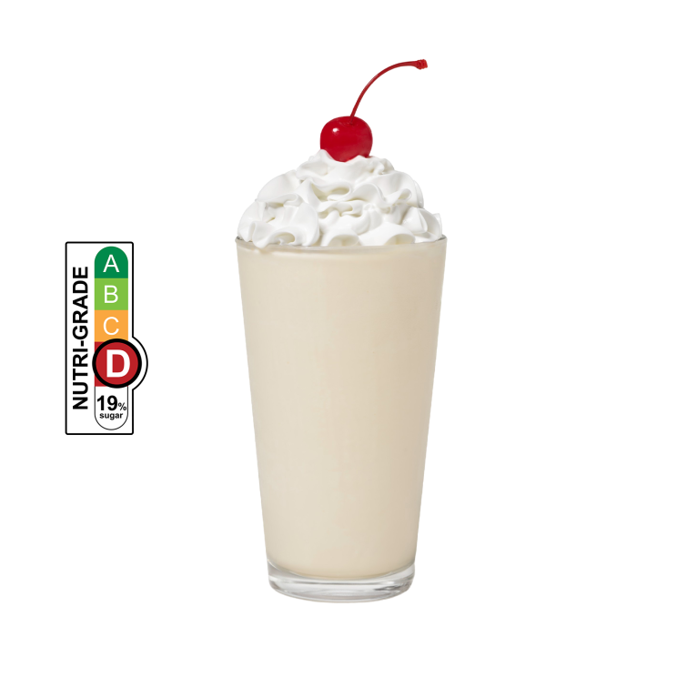 Vanilla Milkshake with whipped cream and a cherry on top, and NUTRIGRADE label with a gradient rating scale that has four sections labeled A, B, C, and D, progressing from green to red; Rating is red “D” with 19% sugar.