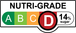 NUTRI-GRADE label with a gradient rating scale that has four sections labeled A, B, C, and D, progressing from green to red; Rating is red “D” with 14% sugar.
