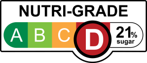 NUTRI-GRADE label with a gradient rating scale that has four sections labeled A, B, C, and D, progressing from green to red; Rating is red “D” with 21% sugar.