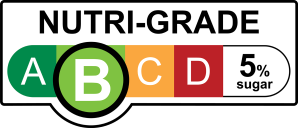 NUTRI-GRADE label with a gradient rating scale that has four sections labeled A, B, C, and D, progressing from green to red; Rating is light green “B” with 5% sugar.
