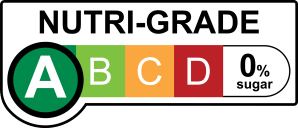 NUTRI-GRADE label with a gradient rating scale that has four sections labeled A, B, C, and D, progressing from green to red; Rating is dark green “A” with 0% sugar.
