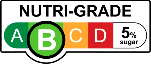 NUTRI-GRADE label with a gradient rating scale that has four sections labeled A, B, C, and D, progressing from green to red; Rating is light green “B” with 5% sugar.