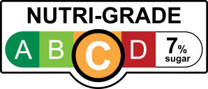 NUTRI-GRADE label with a gradient rating scale that has four sections labeled A, B, C, and D, progressing from green to red; Rating is yellow “C” with 7% sugar.