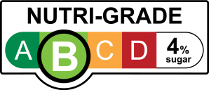 NUTRI-GRADE label with a gradient rating scale that has four sections labeled A, B, C, and D, progressing from green to red; Rating is light green “B” with 4% sugar.