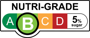 NUTRI-GRADE label with a gradient rating scale that has four sections labeled A, B, C, and D, progressing from green to red; Rating is light green “B” with 5% sugar.