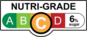 NUTRI-GRADE label with a gradient rating scale that has four sections labeled A, B, C, and D, progressing from green to red; Rating is yellow “C” with 6% sugar.