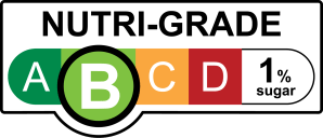 NUTRI-GRADE label with a gradient rating scale that has four sections labeled A, B, C, and D, progressing from green to red; Rating is light green “B” with 1% sugar.