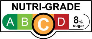 NUTRI-GRADE label with a gradient rating scale that has four sections labeled A, B, C, and D, progressing from green to red; Rating is yellow “C” with 8% sugar.
