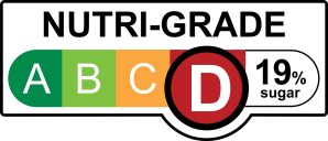 NUTRI-GRADE label with a gradient rating scale that has four sections labeled A, B, C, and D, progressing from green to red; Rating is red “D” with 19% sugar.