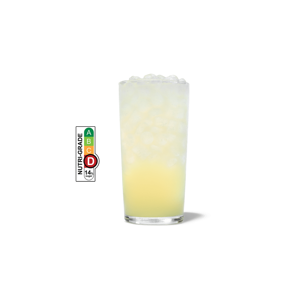 Chick-fil-A lemonade and NUTRIGRADE label with a gradient rating scale that has four sections labeled A, B, C, and D, progressing from green to red; Rating is red “D” with 14% sugar.